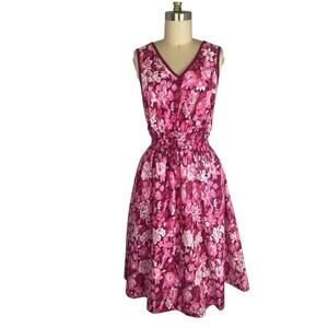 Vintage Floral Fit Flare Dress Pink Elastic Waist Sleeveless Women’s Medium M